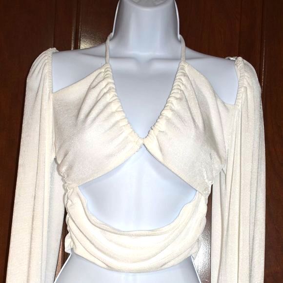 Gab & Kate White Off Shoulder Blouse Medium Tie Front Sexy V Neck Top - Picture 2 of 12